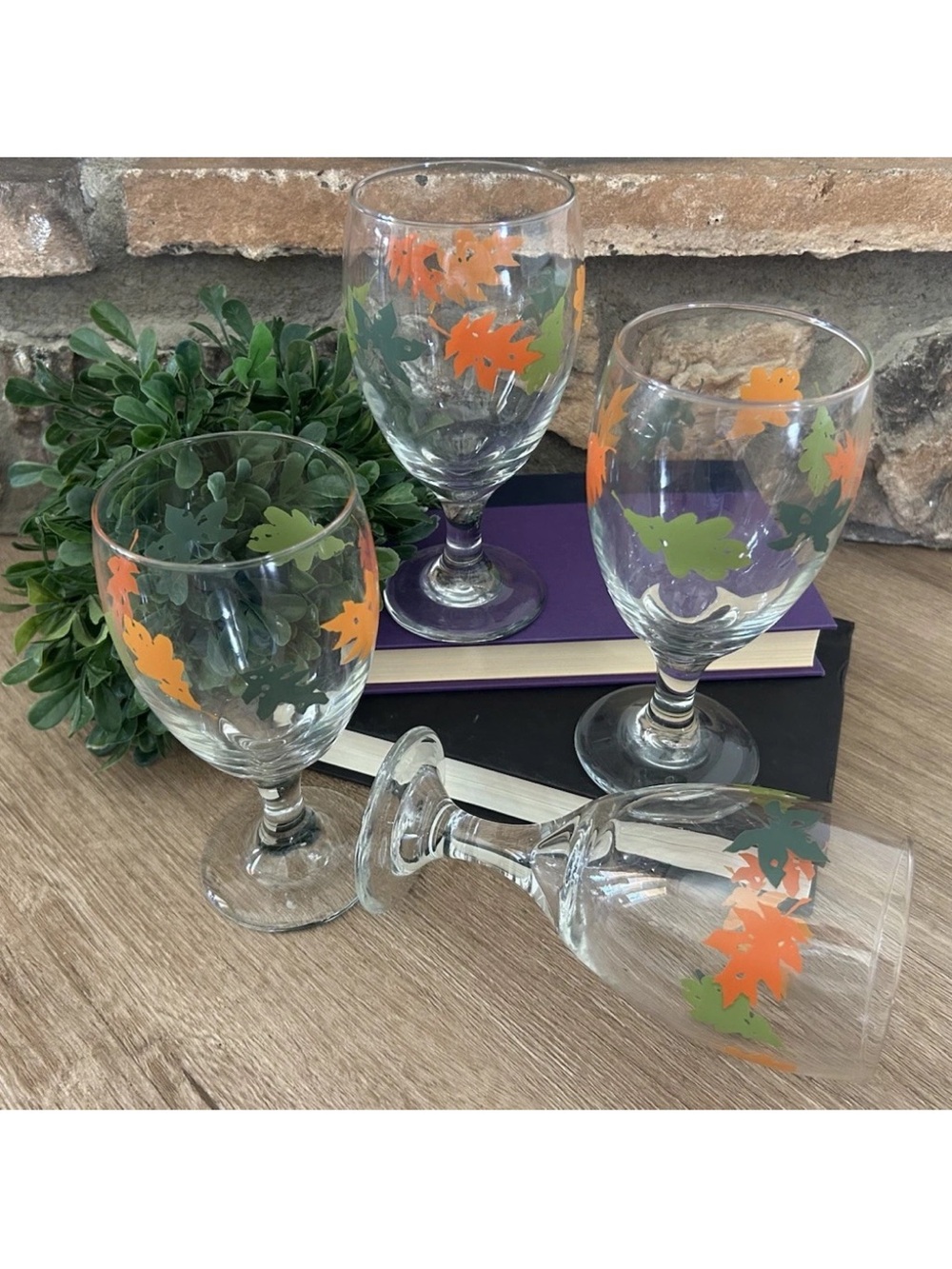 Fall Painted Autumn Leaf  Water Wine Glasses Clear Orange Gold Green Excellent